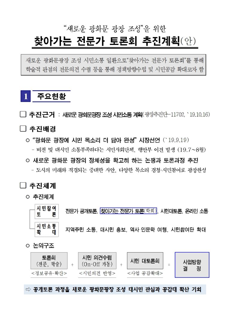 Read more about the article 서울특별시 「새로운 광화문광장 조성관련 찾아가는 전문가 토론회」 안내